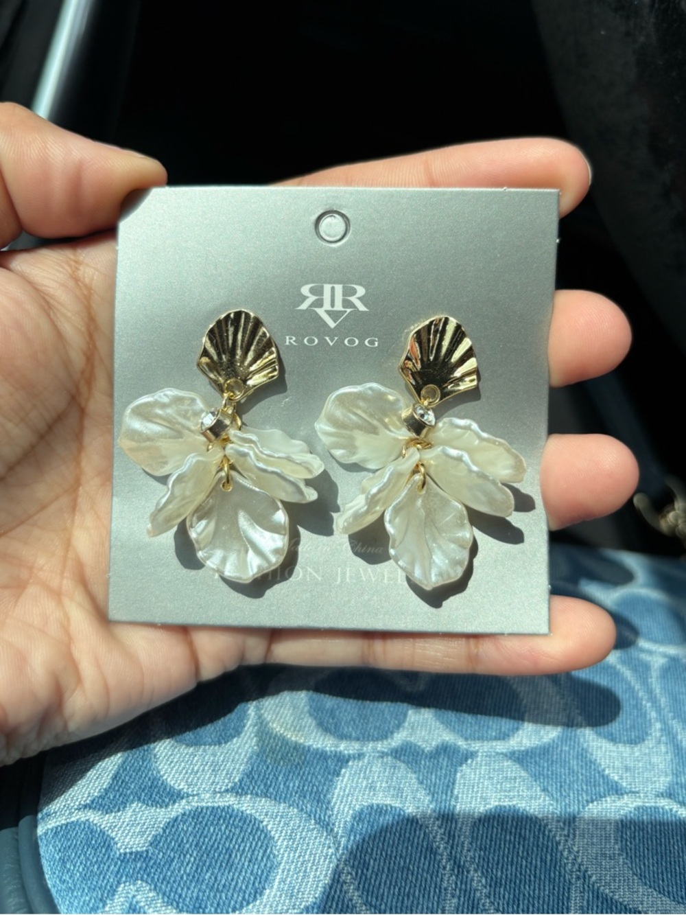 Gold & Ivory Floral Drop Earrings Lightweight with Rhinestone Detail